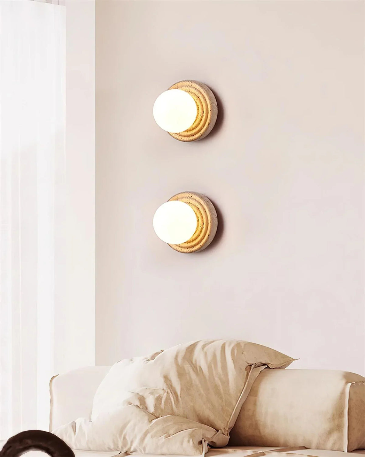 Travertine Elira Round Minimalist Wall Sconce – Travertine detail 3
