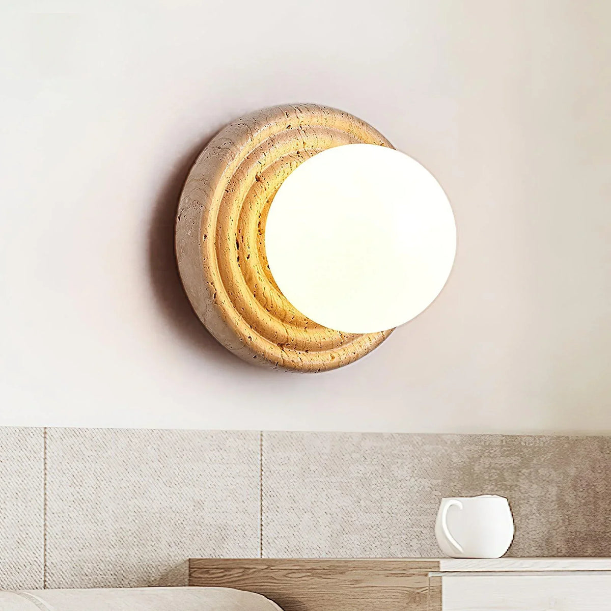 Travertine Elira Round Minimalist Wall Sconce – Travertine detail 2