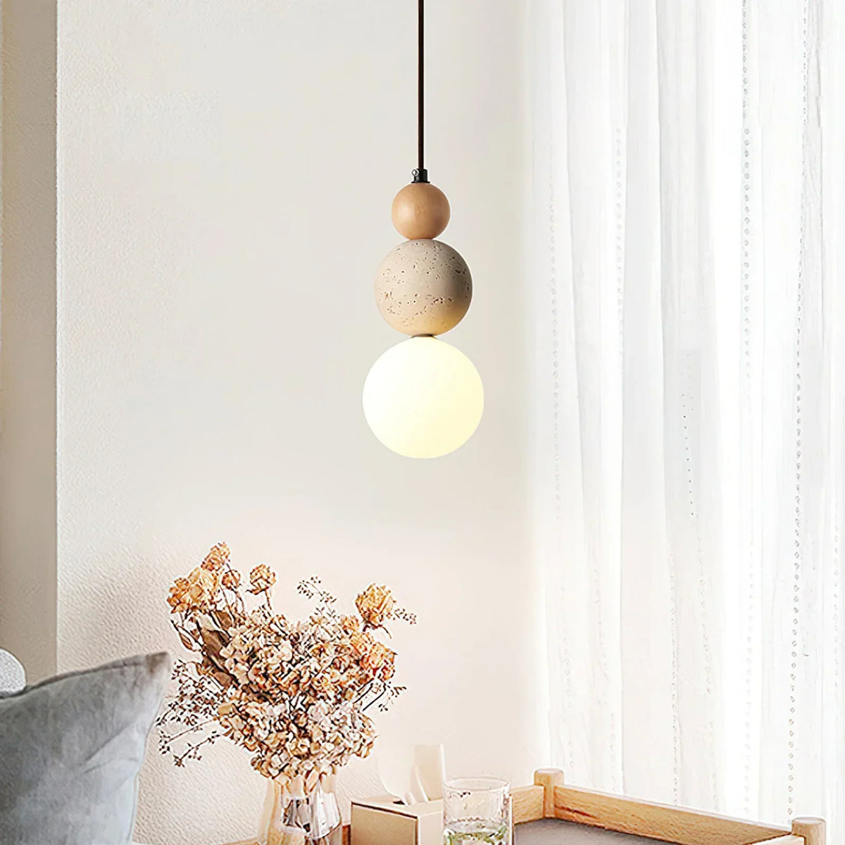 Travertine Trio Orb Pendant Lamp – Travertine detail 4