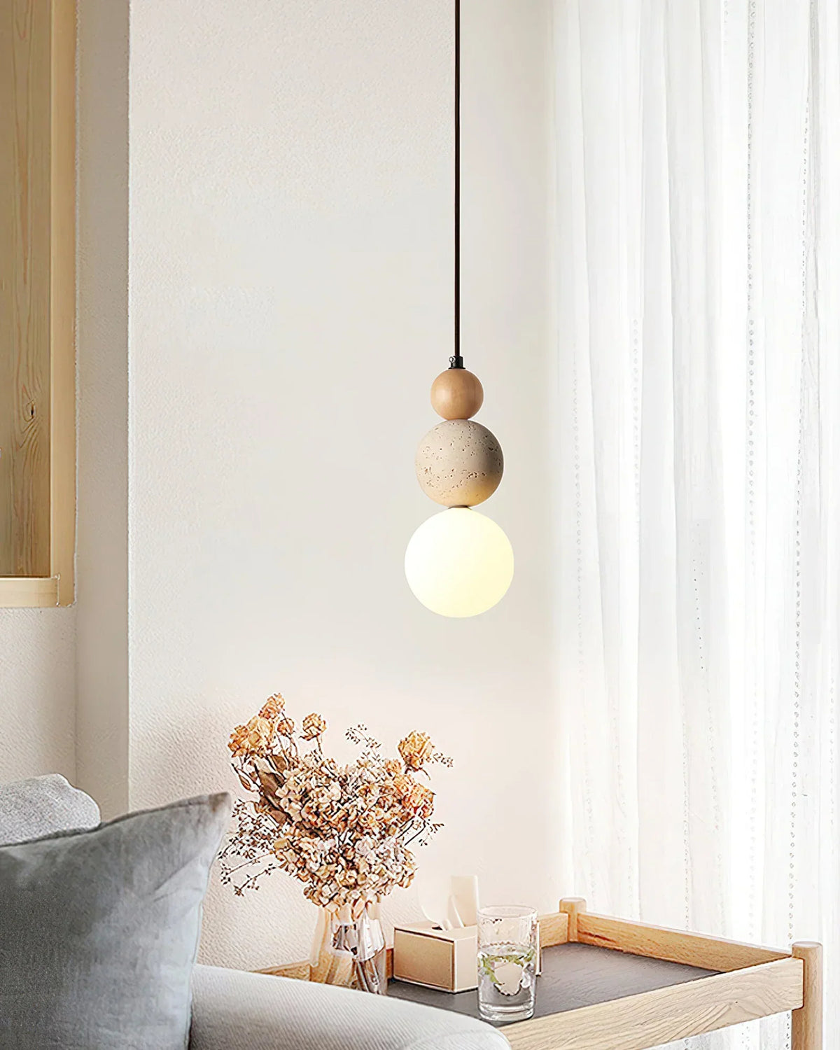 Travertine Trio Orb Pendant Lamp – Travertine detail 6