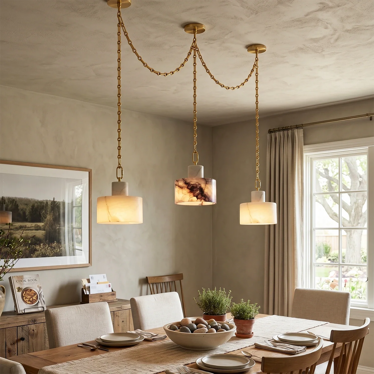 Alabaster Cylindrical Cluster Chain Chandelier – Alabaster detail 2
