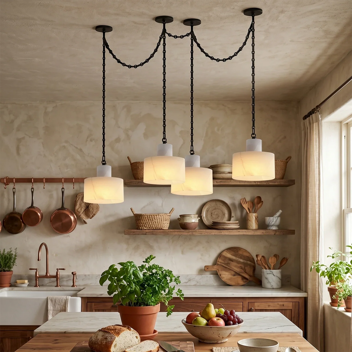 Alabaster Cylindrical Cluster Chain Chandelier – Alabaster detail 3