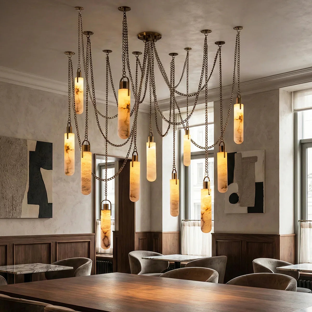 Alabaster Cylindrical Draped Chain Chandelier – Alabaster detail 9