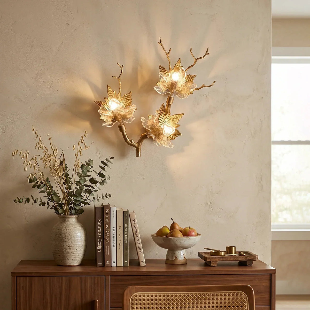 Brass Maple Leaf Glass Sculpture Wall Lamp – Glass detail 2