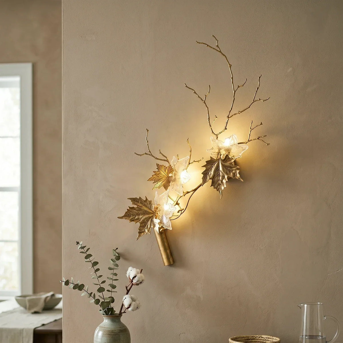 Brass Maple Leaf Glass Sculpture Wall Lamp – Glass detail 6