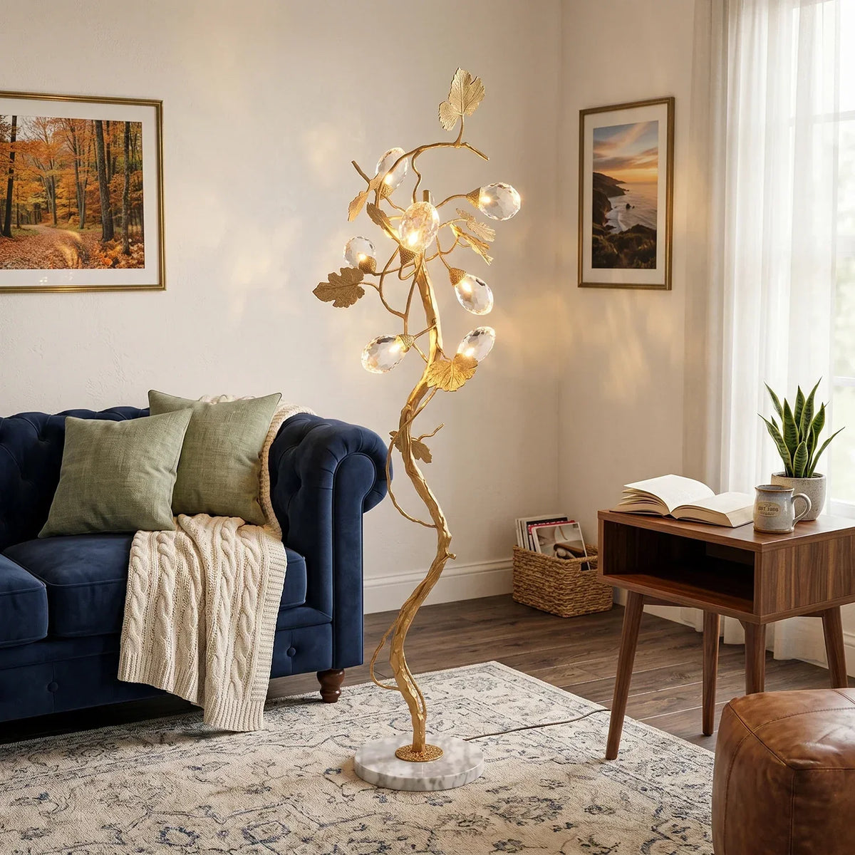 Brass Tree Branch Maple Leaf Vines Marble Floor Lamp – Marble detail 2