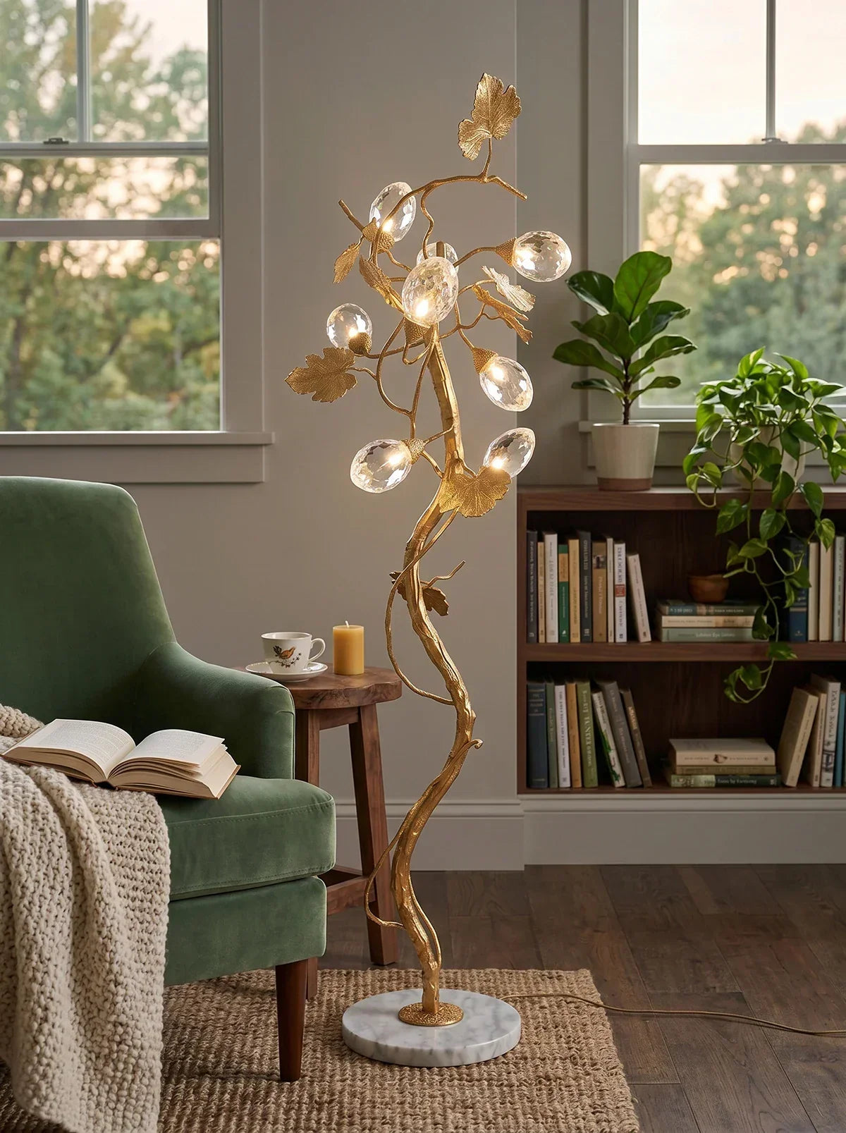 Brass Tree Branch Maple Leaf Vines Marble Floor Lamp – Marble detail 9
