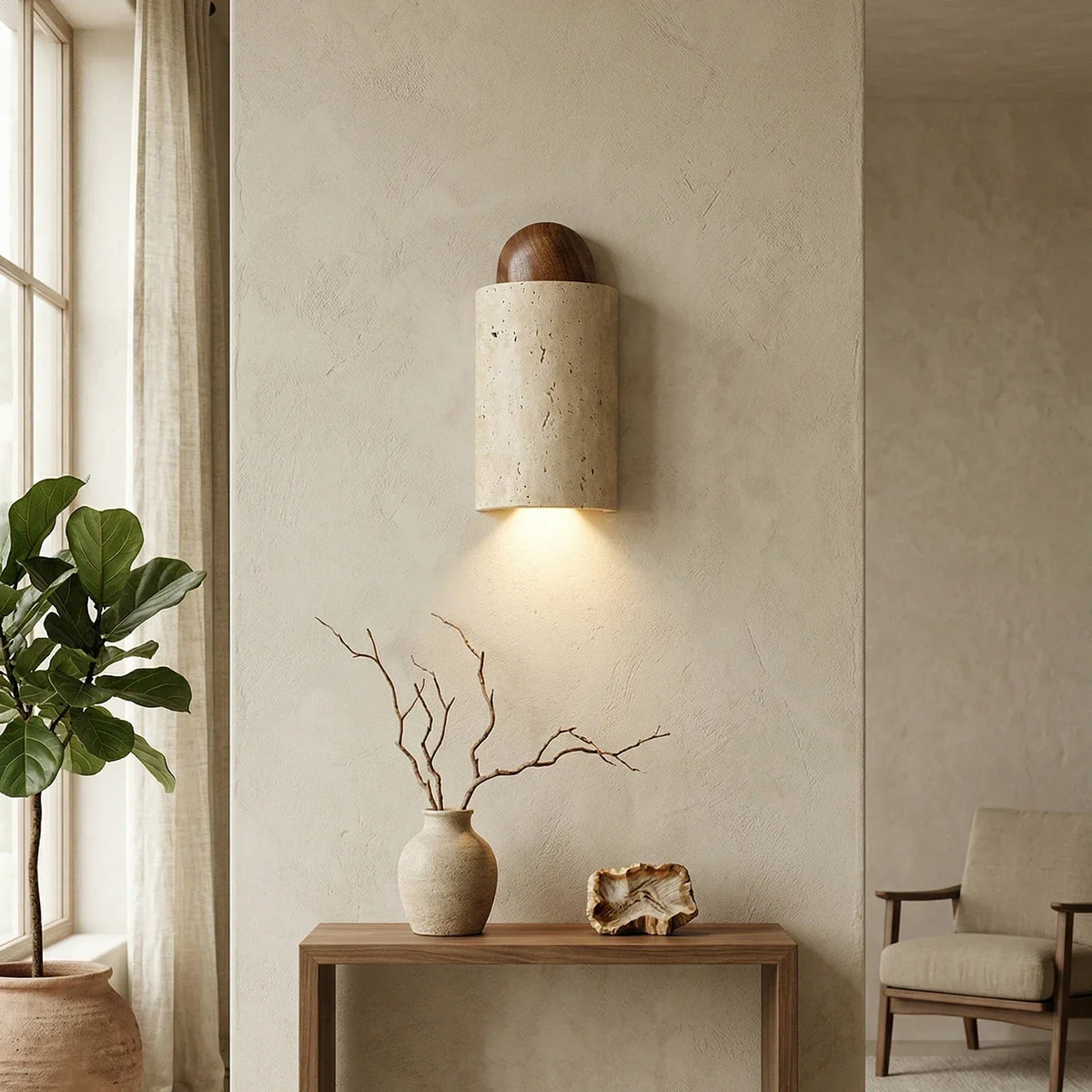 Caldara Capsule-Shaped Travertine Wall Lamp – Travertine detail 4