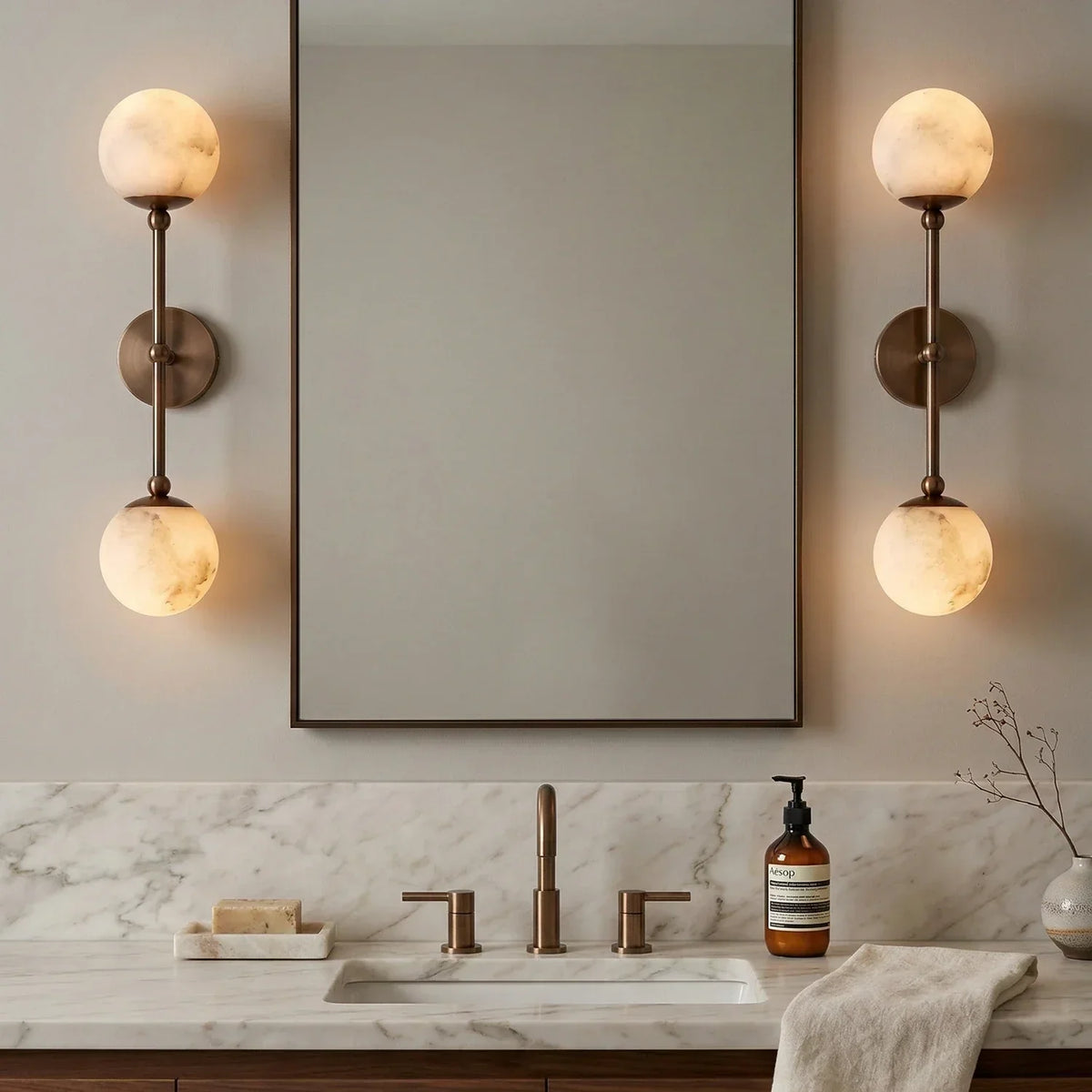 Celestial Double Alabaster Globe Wall Sconce – Alabaster detail 7