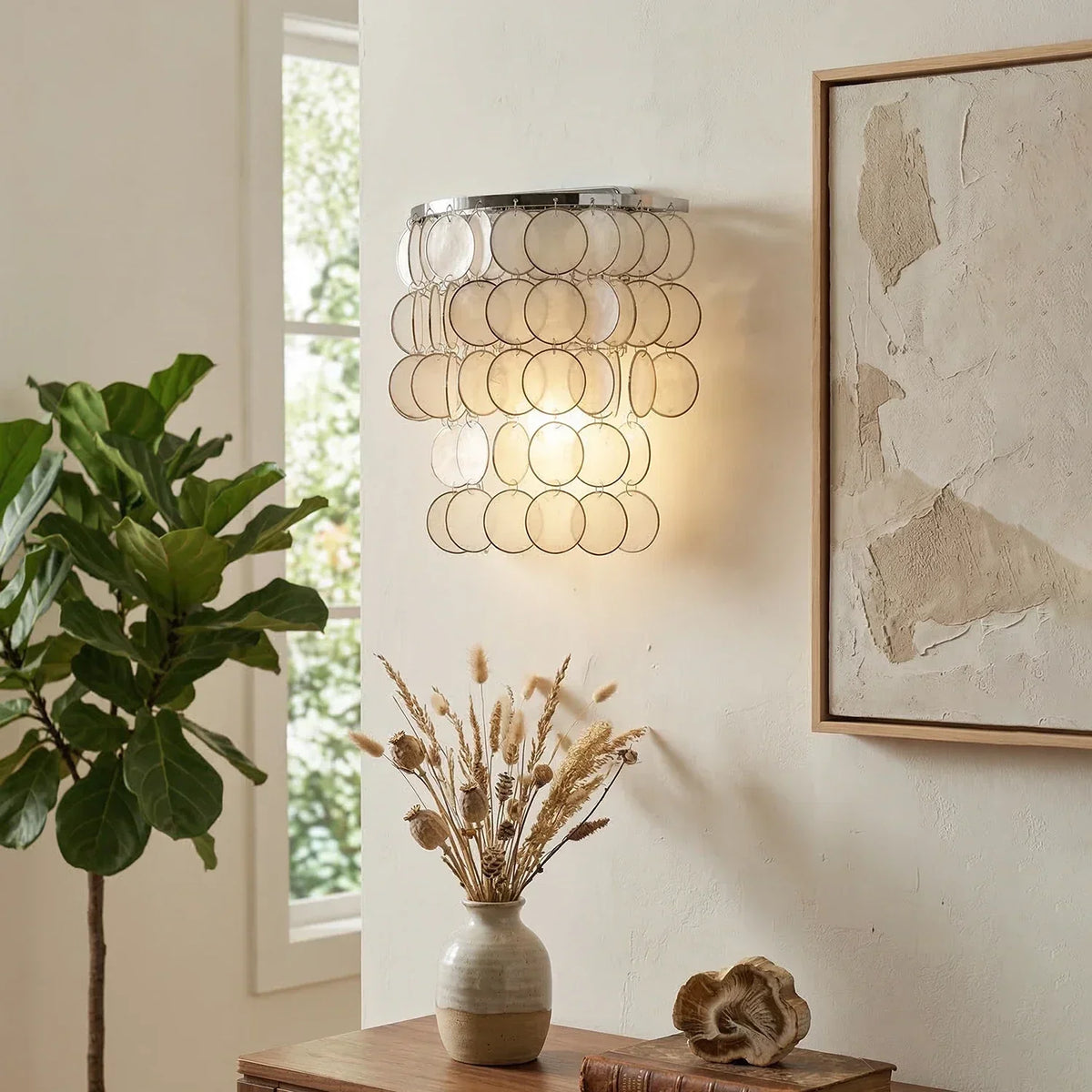 Chrome Round Tiered Capiz Shell Iron Wall Lamp – Iron detail 2