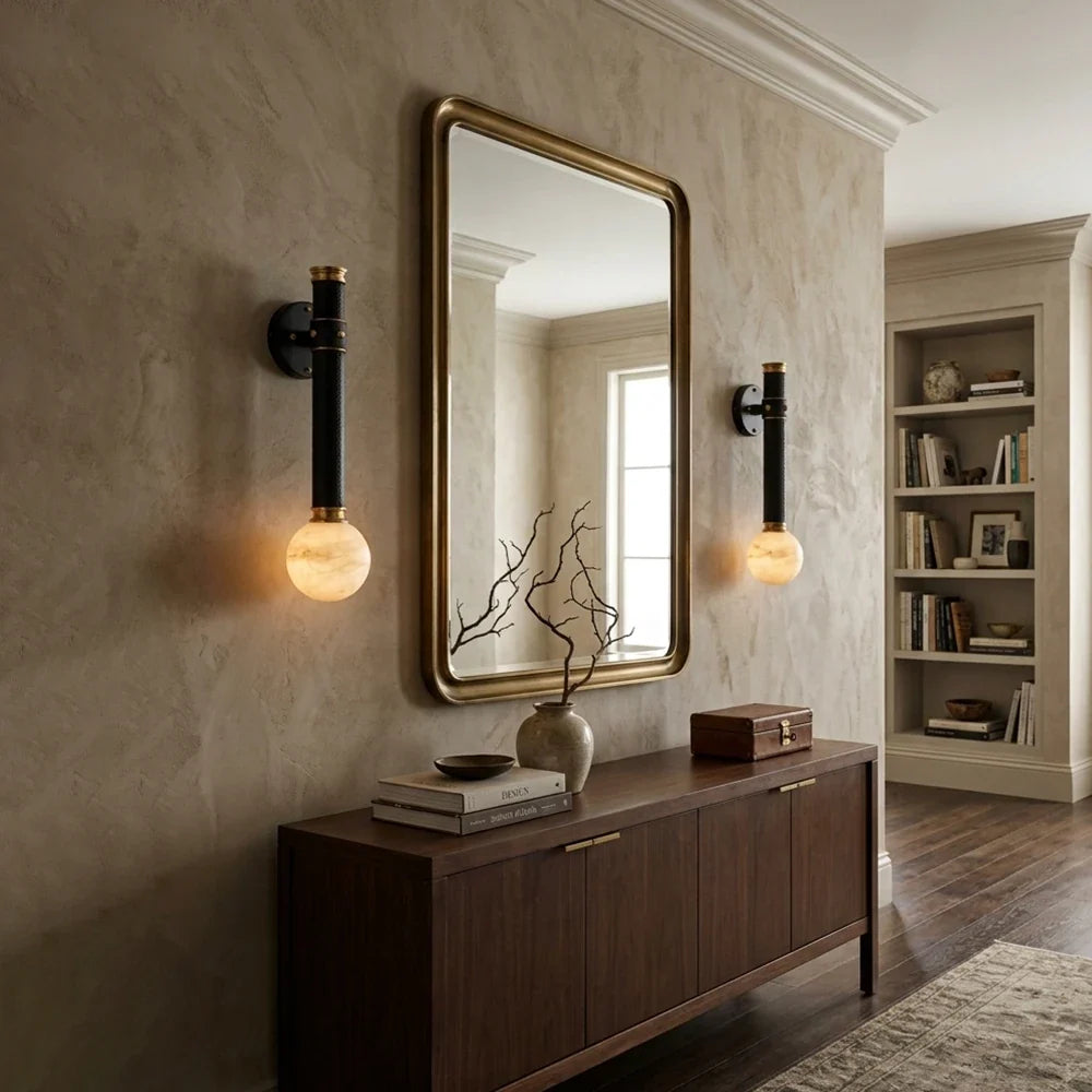 Corvale Alabaster Globe Leather Wall Sconce – Alabaster detail 7