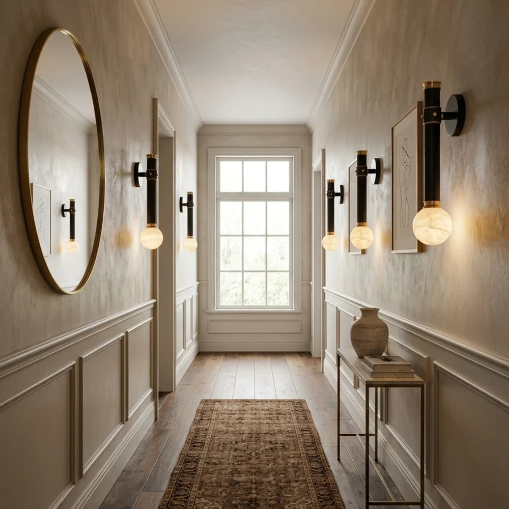 Corvale Alabaster Globe Leather Wall Sconce – Alabaster detail 9