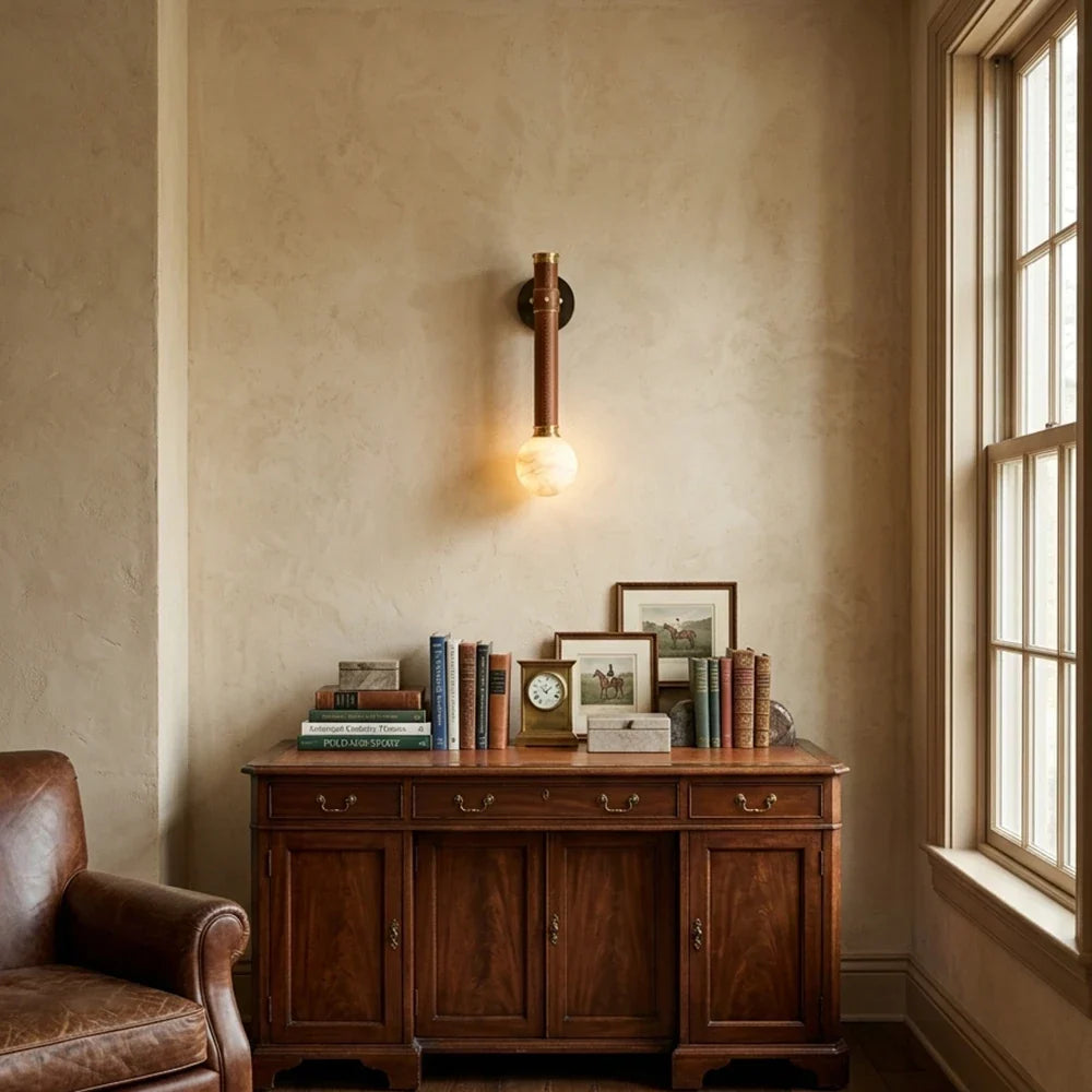 Corvale Alabaster Globe Leather Wall Sconce – Alabaster detail 2