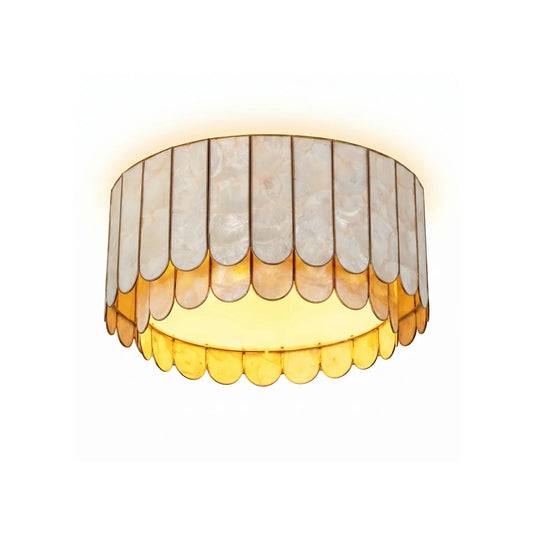 Drum-Shaped Capiz Shell Brass Ceiling Light