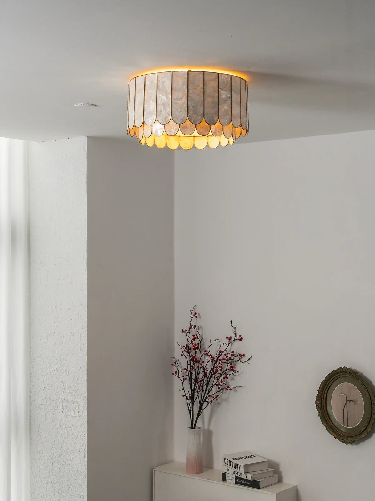 Drum-Shaped Capiz Shell Brass Ceiling Light – Brass detail 5