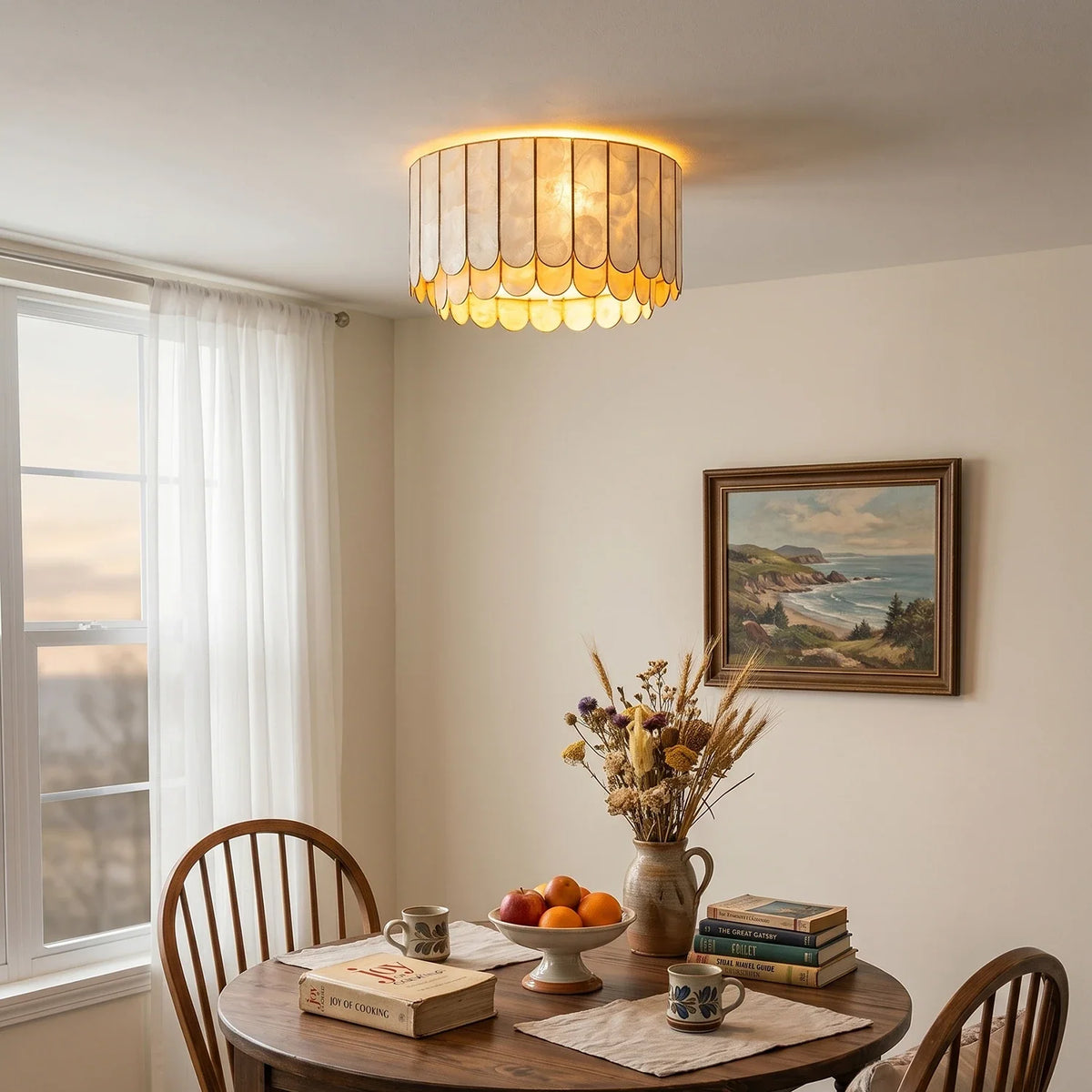 Drum-Shaped Capiz Shell Brass Ceiling Light – Brass detail 2