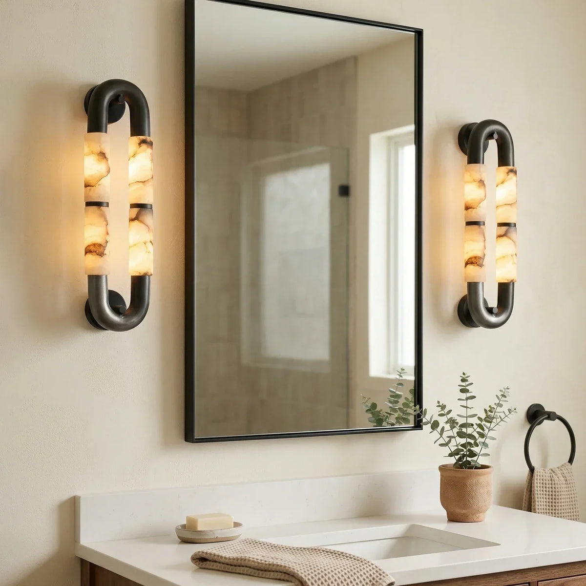 Dual-Head Luma Arc Snowflake Stone Alabaster Wall Lamp – Alabaster detail 7