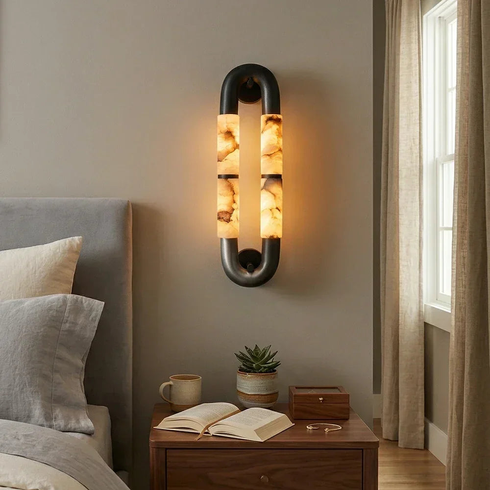 Dual-Head Luma Arc Snowflake Stone Alabaster Wall Lamp – Alabaster detail 5
