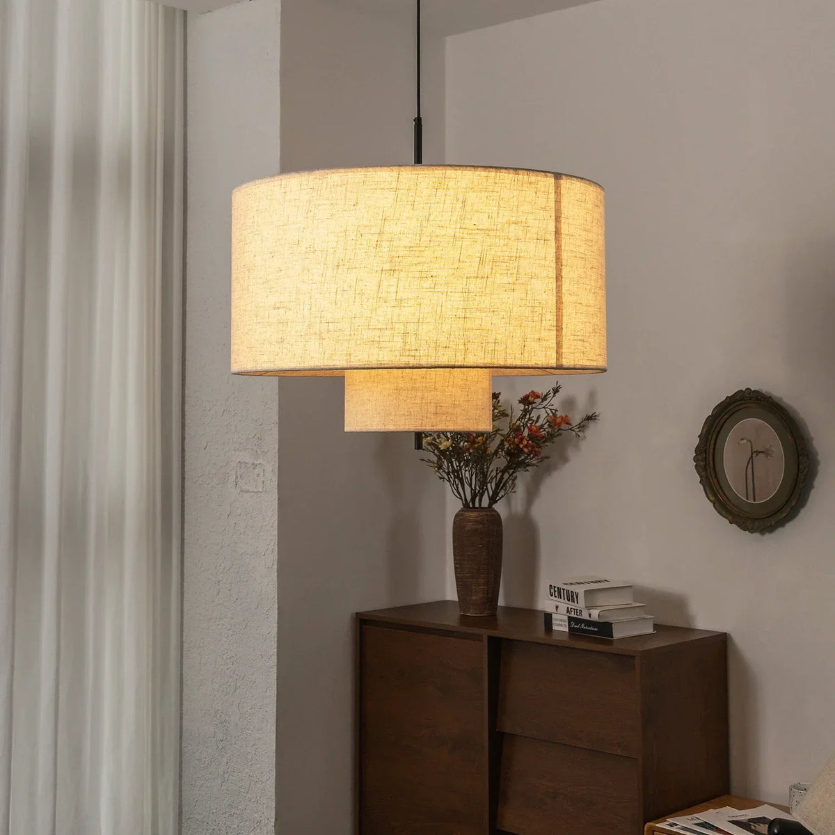 Fabric Double Layer Drum Iron Pendant Light – Iron detail 10