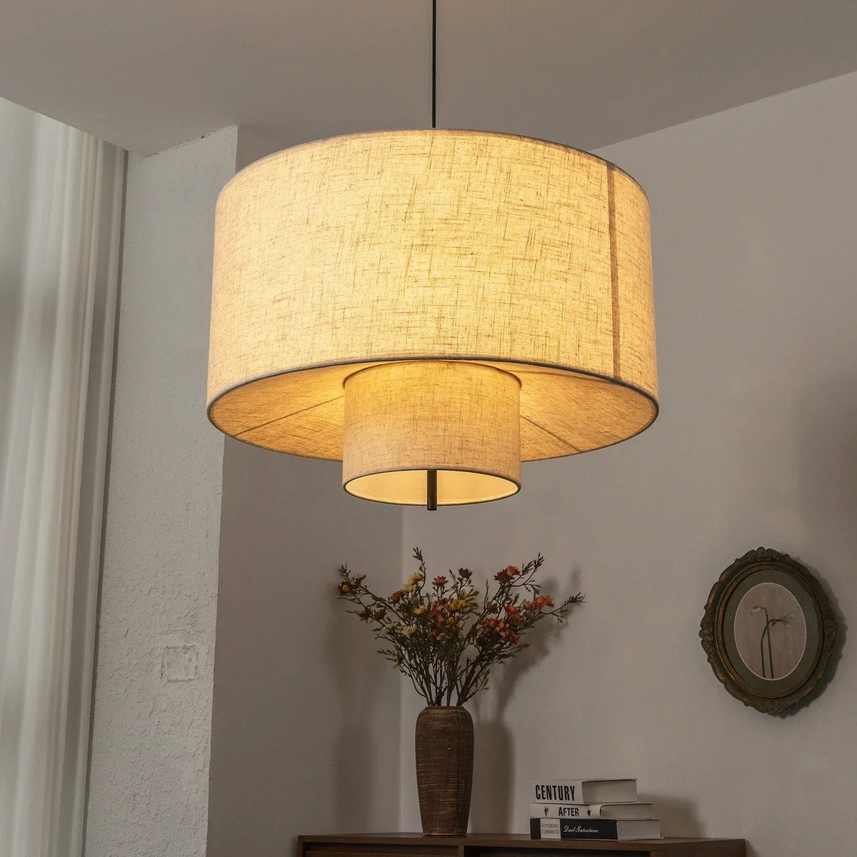 Fabric Double Layer Drum Iron Pendant Light – Iron detail 12