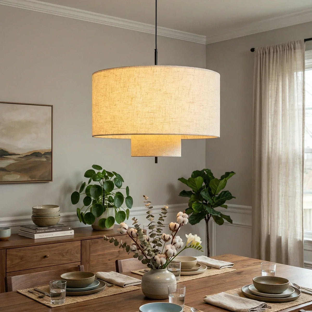 Fabric Double Layer Drum Iron Pendant Light – Iron detail 2