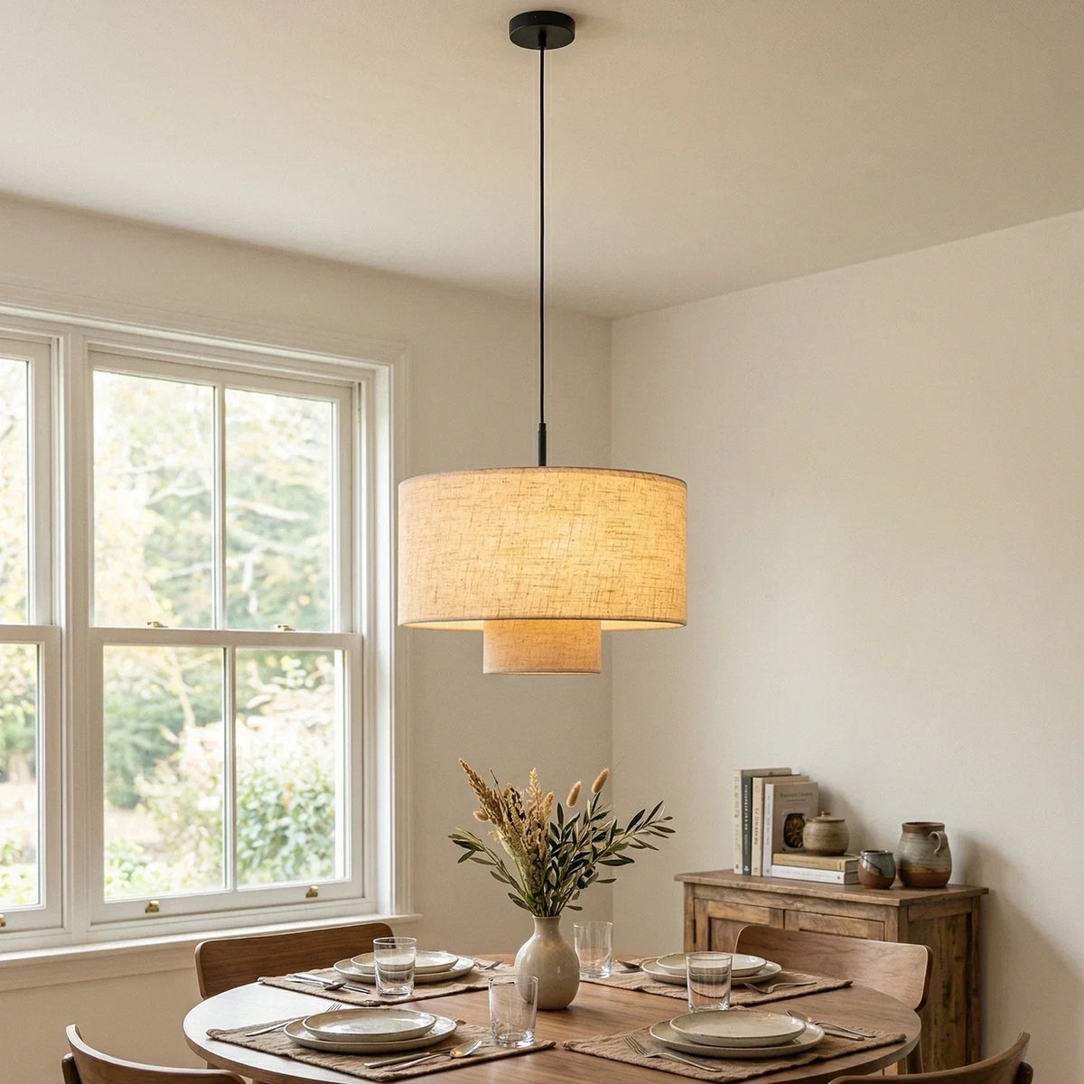 Fabric Double Layer Drum Iron Pendant Light – Iron detail 4