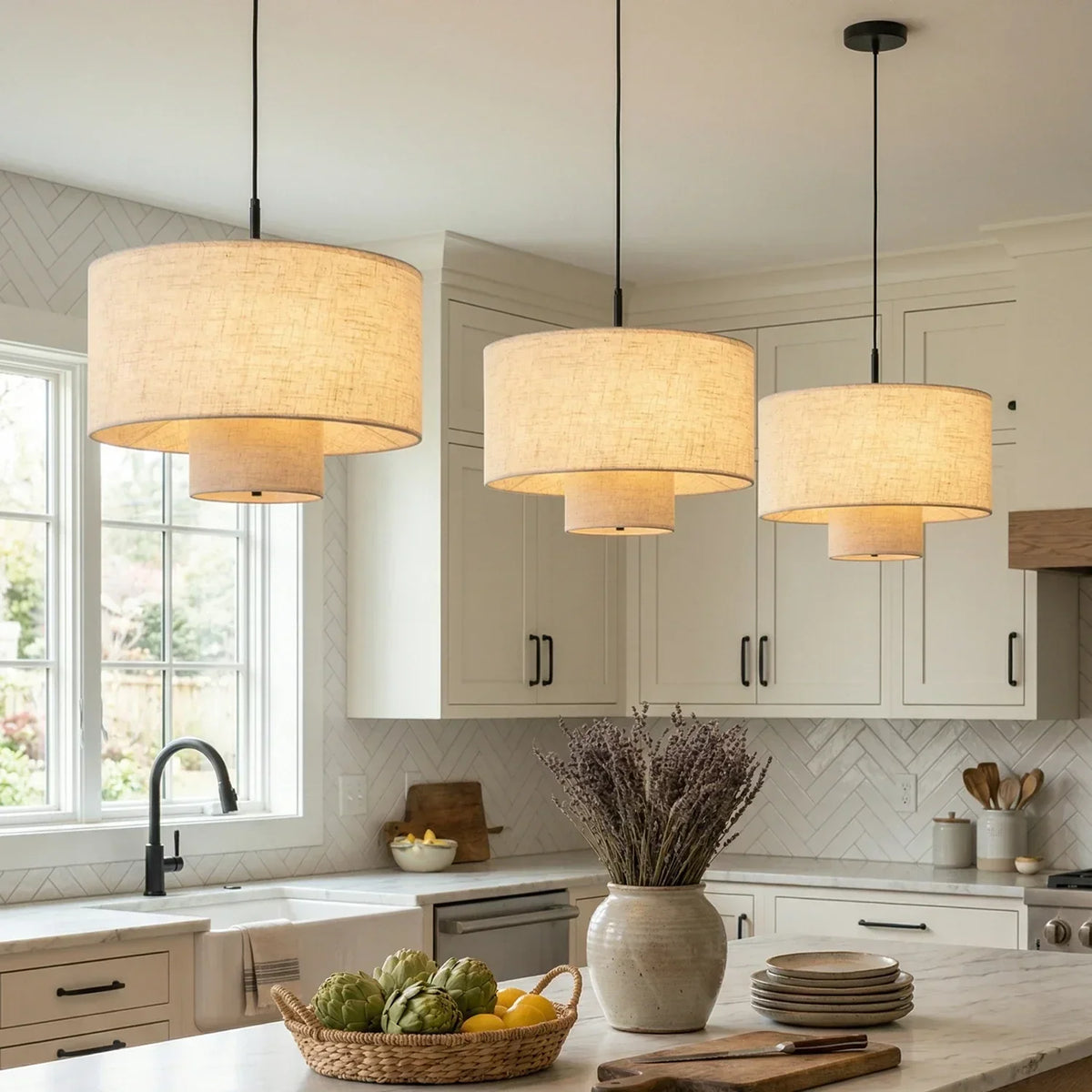 Fabric Double Layer Drum Iron Pendant Light – Iron detail 6
