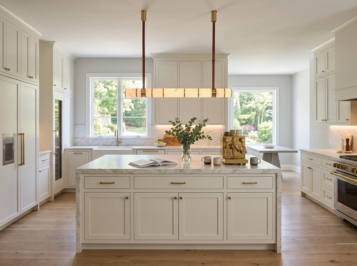Halden Leather Strap Alabaster Linear Chandelier – Alabaster detail 7