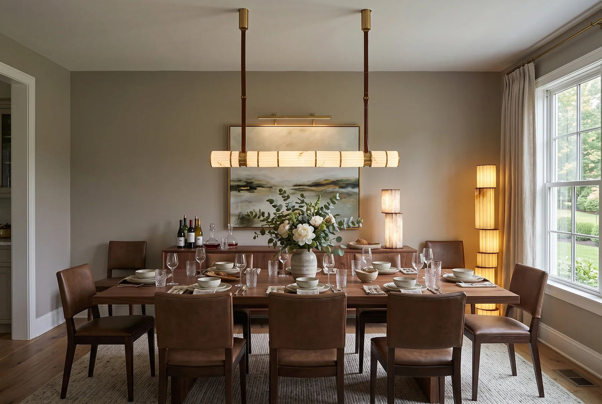 Halden Leather Strap Alabaster Linear Chandelier – Alabaster detail 8