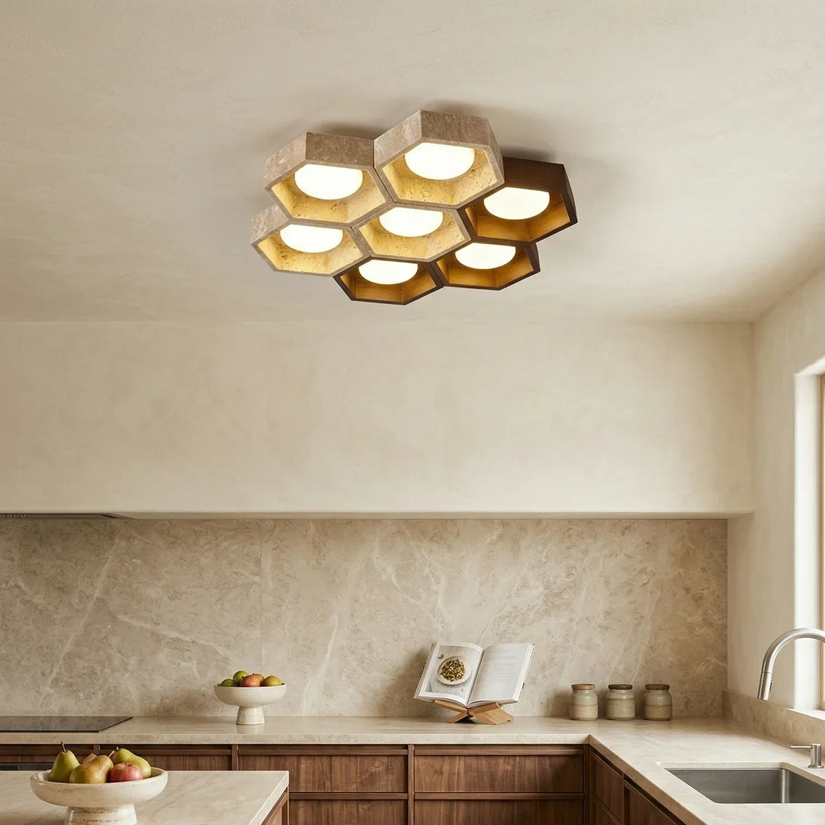 Honeycomb Hexagonal Travertine Ceiling Light – Travertine detail 19
