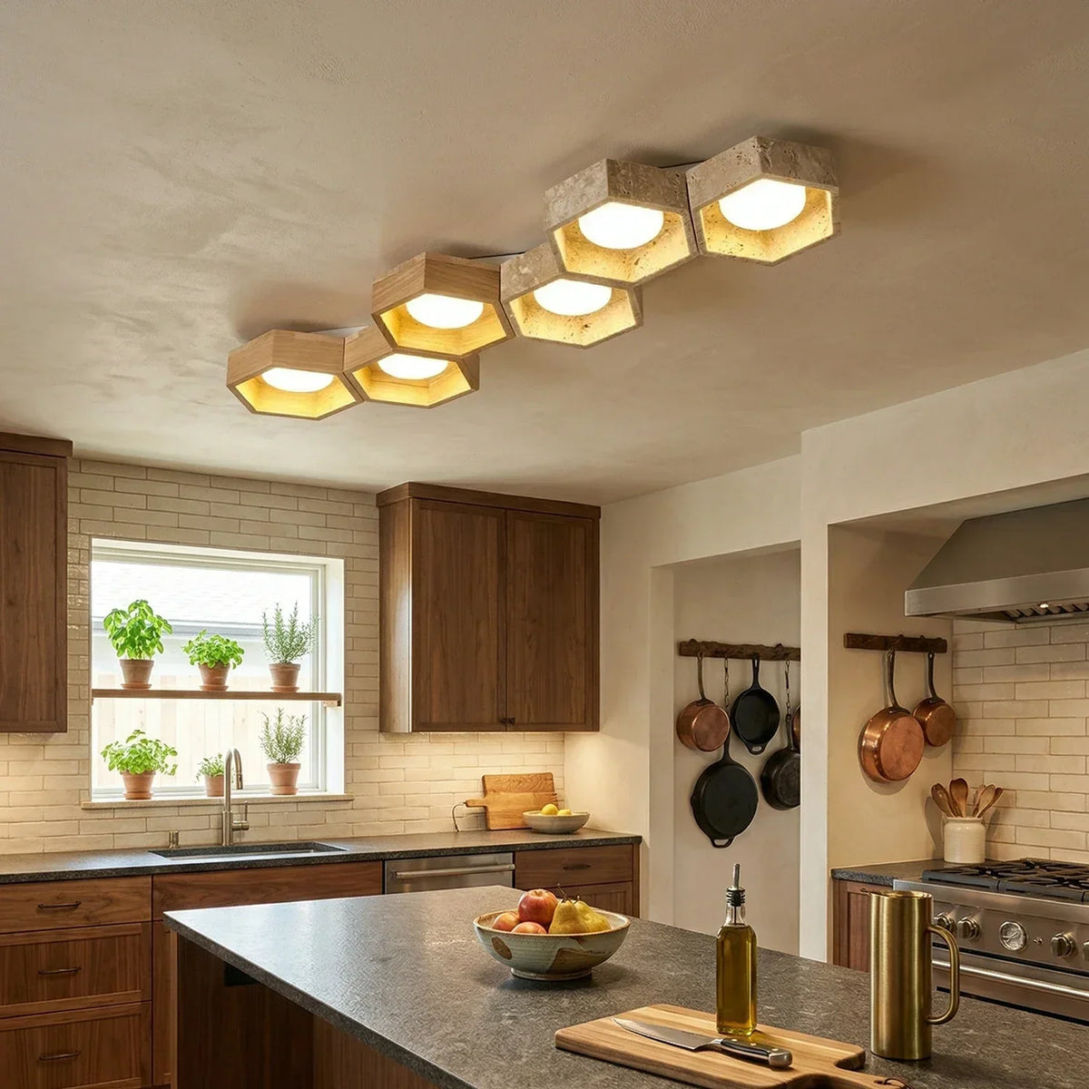 Honeycomb Hexagonal Travertine Ceiling Light – Travertine detail 3