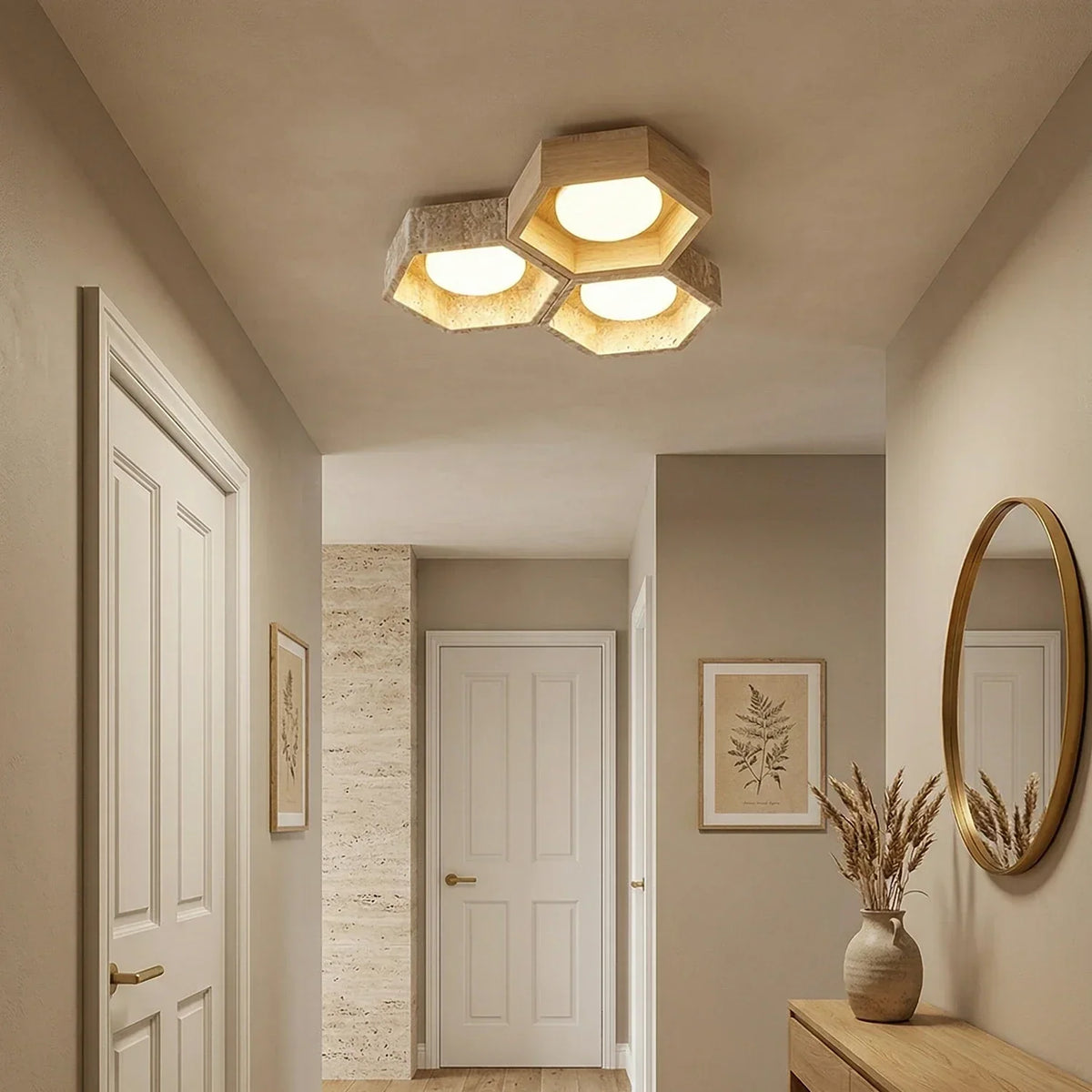 Honeycomb Hexagonal Travertine Ceiling Light – Travertine detail 10