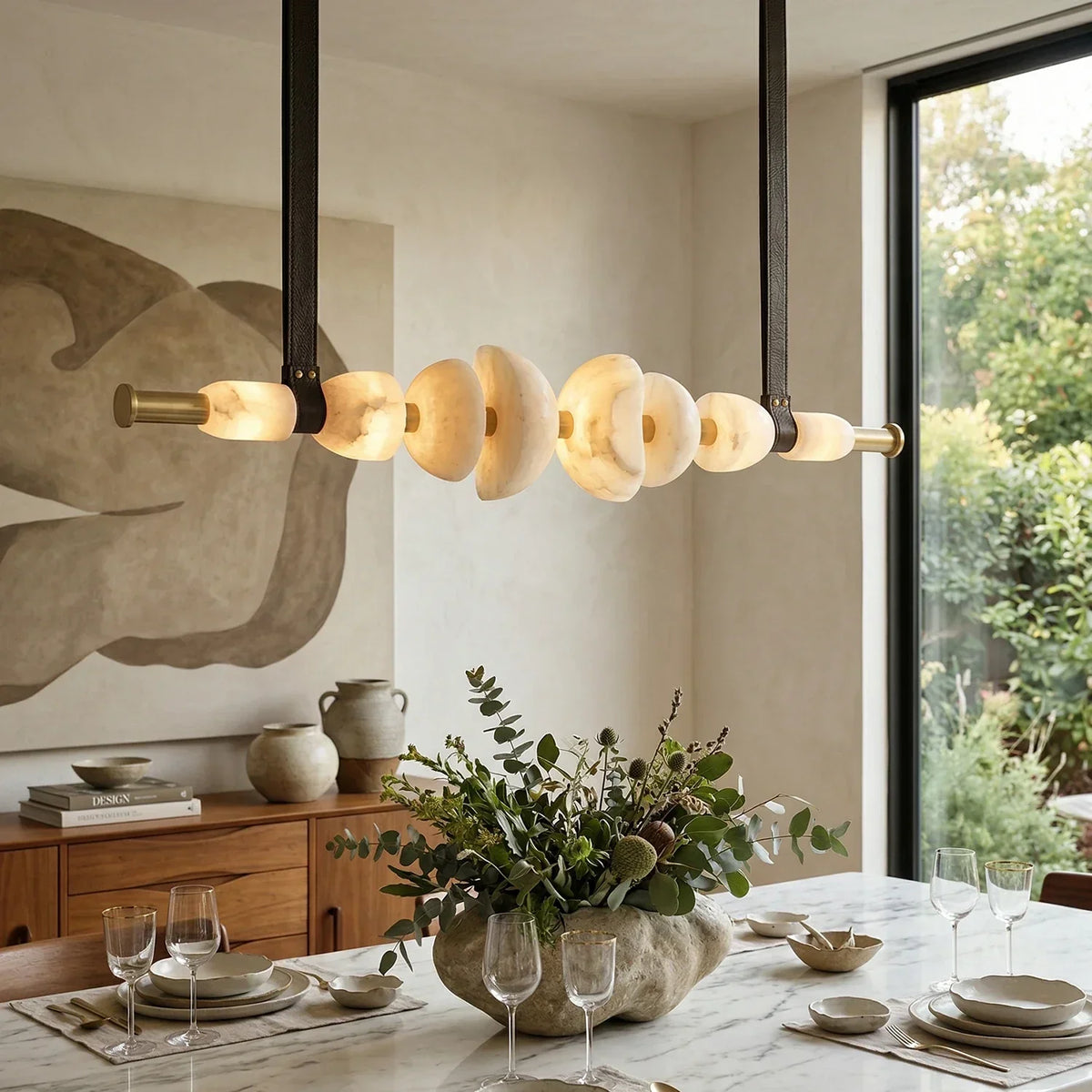 Leather Strap Alabaster Beaded Chandelier – Alabaster detail 5