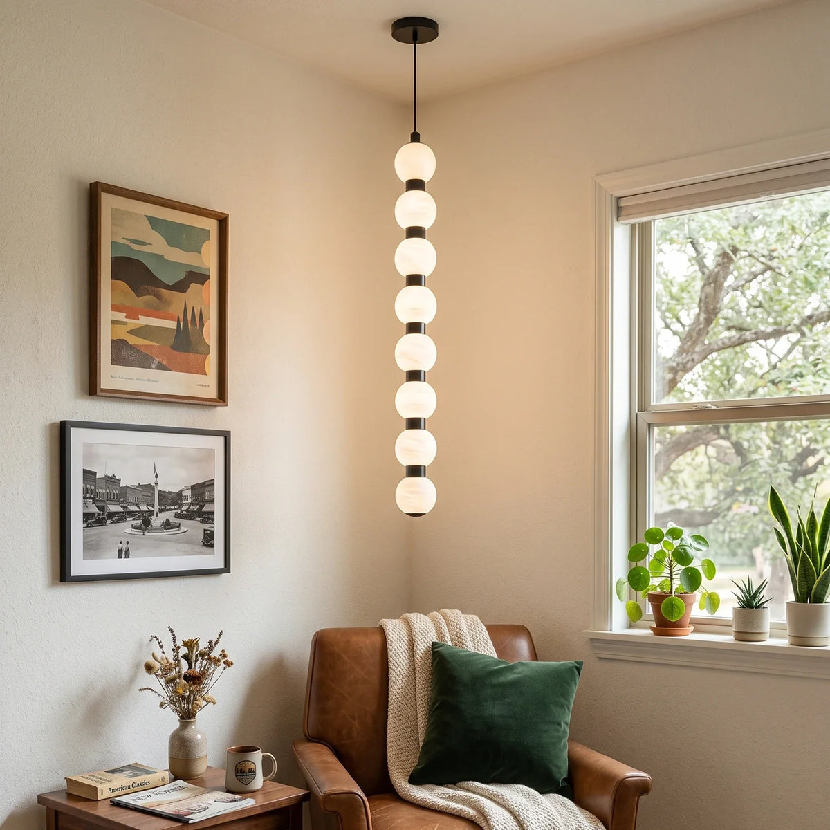 Linear Orbique Alabaster Bead Pendant Light – Alabaster detail 3