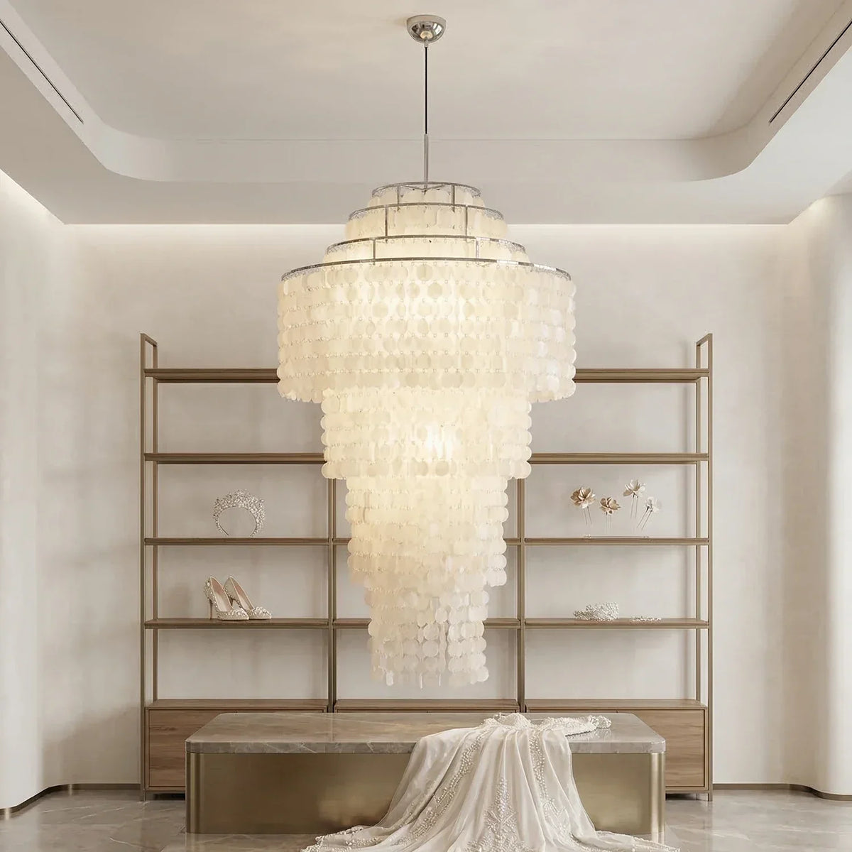 Multi-Layered Capiz Shell Cascading Iron Chandelier – Iron detail 2