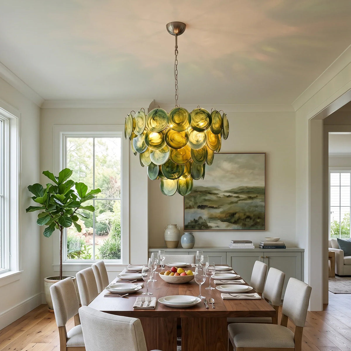 Thalia Olive Swirl Green Disc Glass Chandelier – Glass detail 2