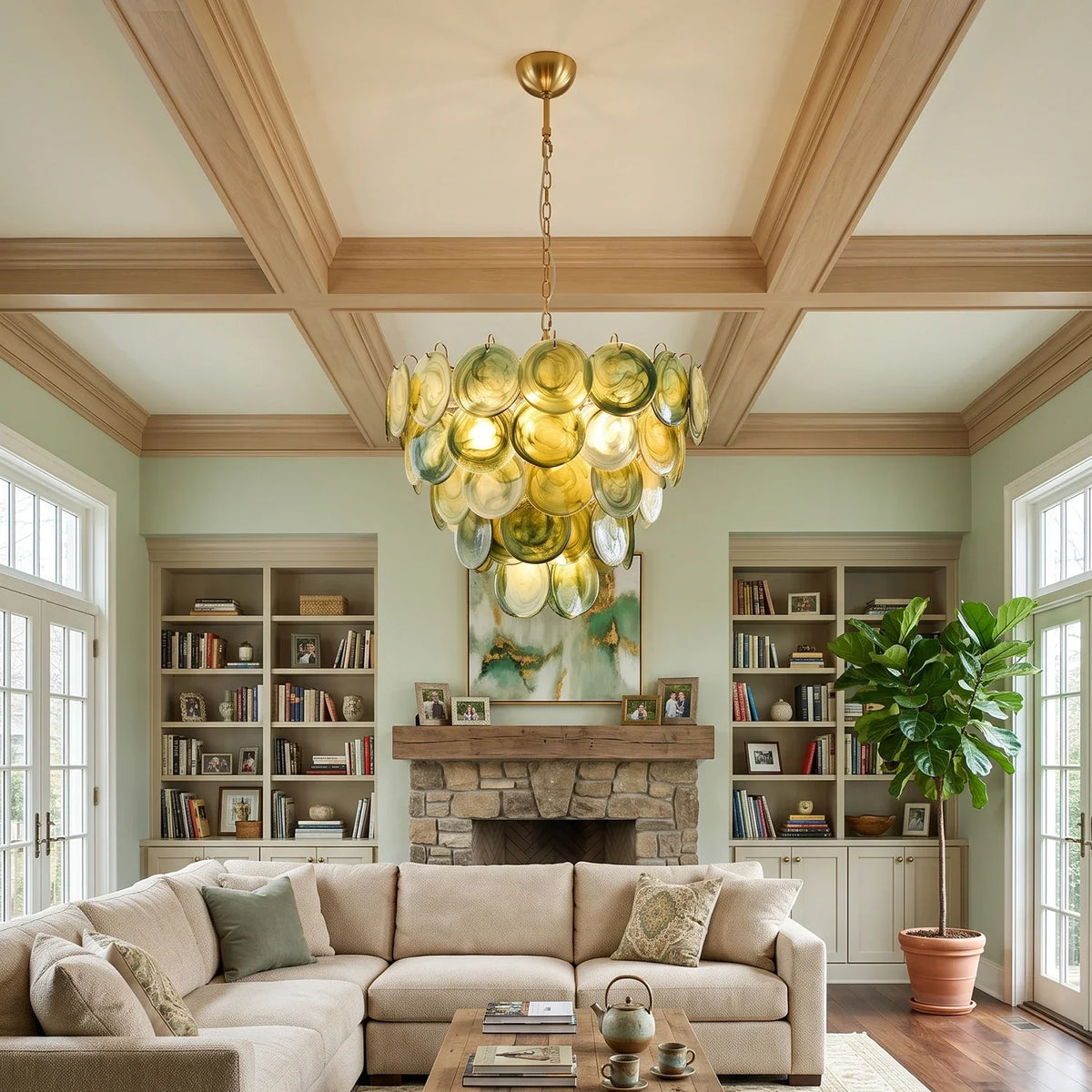 Thalia Olive Swirl Green Disc Glass Chandelier – Glass detail 3
