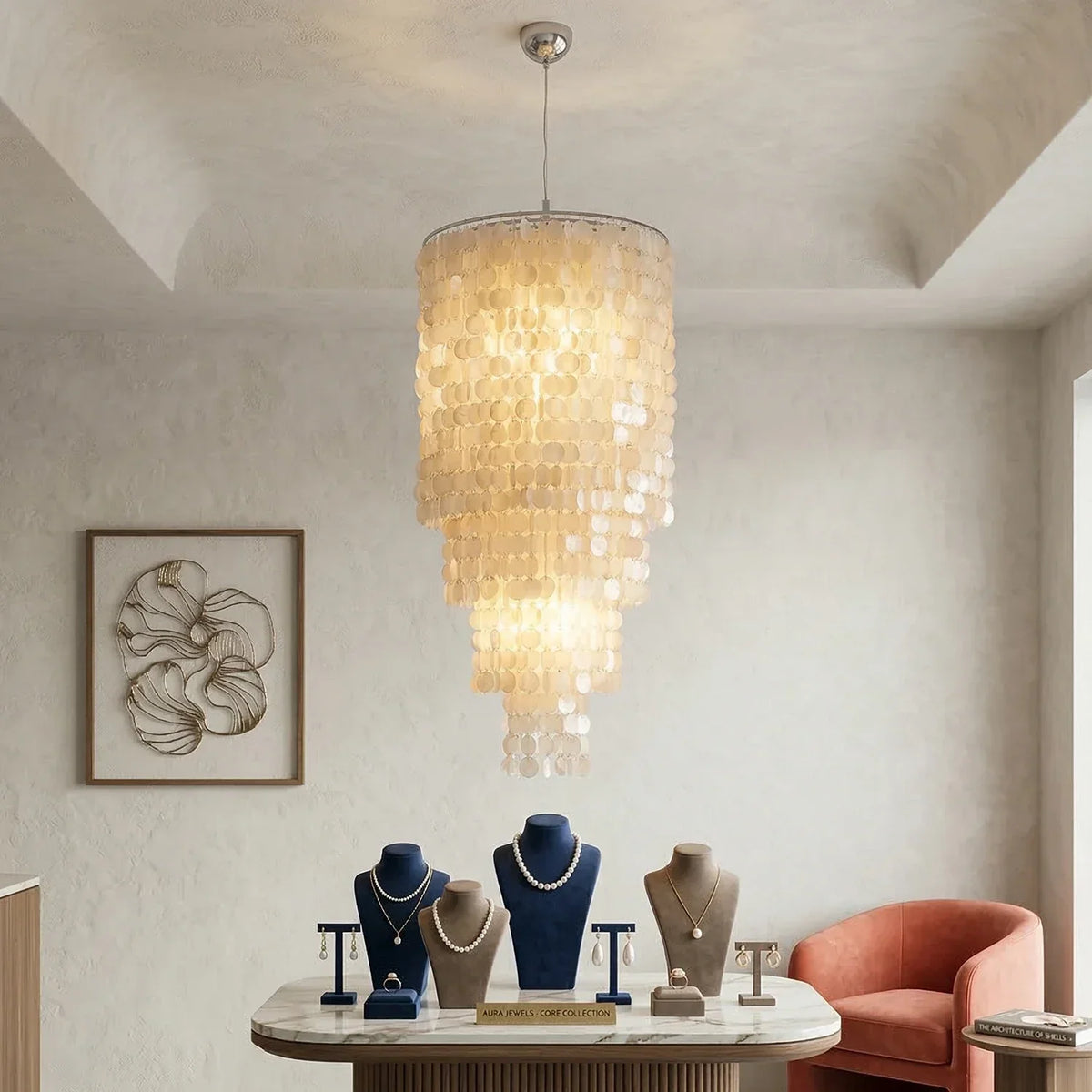Tiered Capiz Shell Cascading Iron Chandelier – Iron detail 6