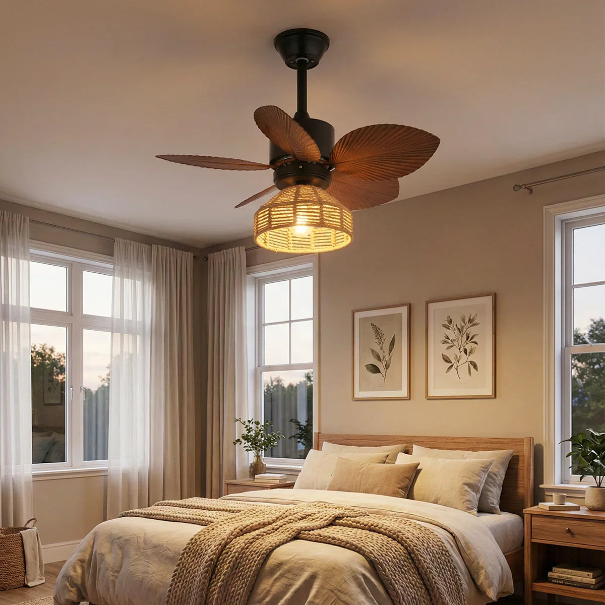 Tropical Palm Leaf Hemp Rope Copper Ceiling Fan Light – Copper detail 4