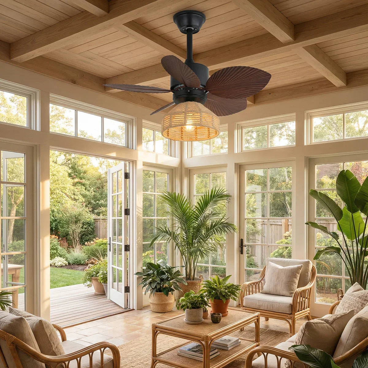 Tropical Palm Leaf Hemp Rope Copper Ceiling Fan Light – Copper detail 3