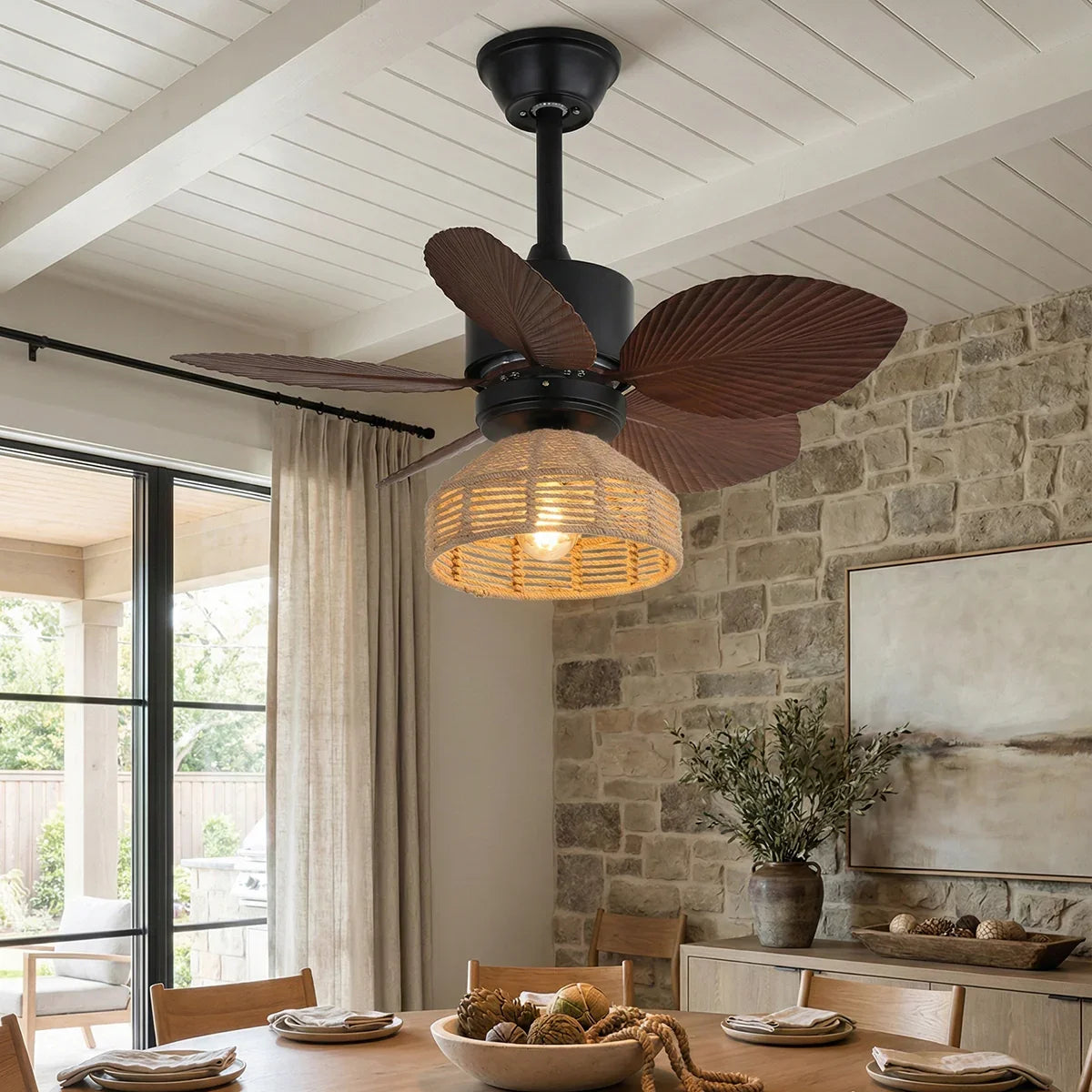 Tropical Palm Leaf Hemp Rope Copper Ceiling Fan Light – Copper detail 9