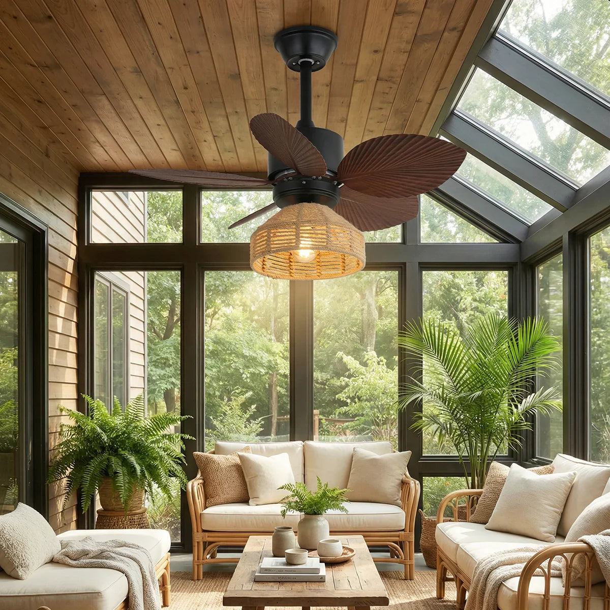 Tropical Palm Leaf Hemp Rope Copper Ceiling Fan Light – Copper detail 10