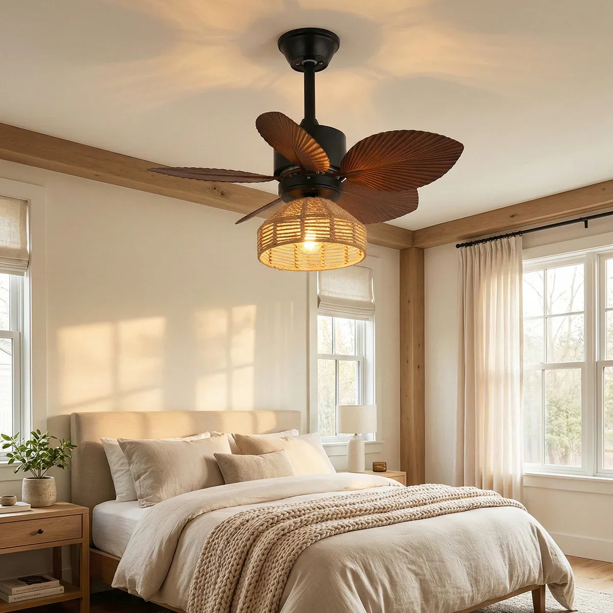 Tropical Palm Leaf Hemp Rope Copper Ceiling Fan Light – Copper detail 7
