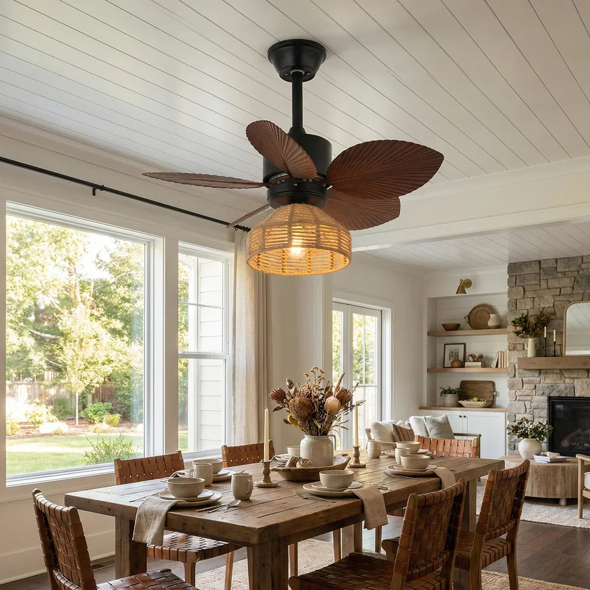 Tropical Palm Leaf Hemp Rope Copper Ceiling Fan Light – Copper detail 5