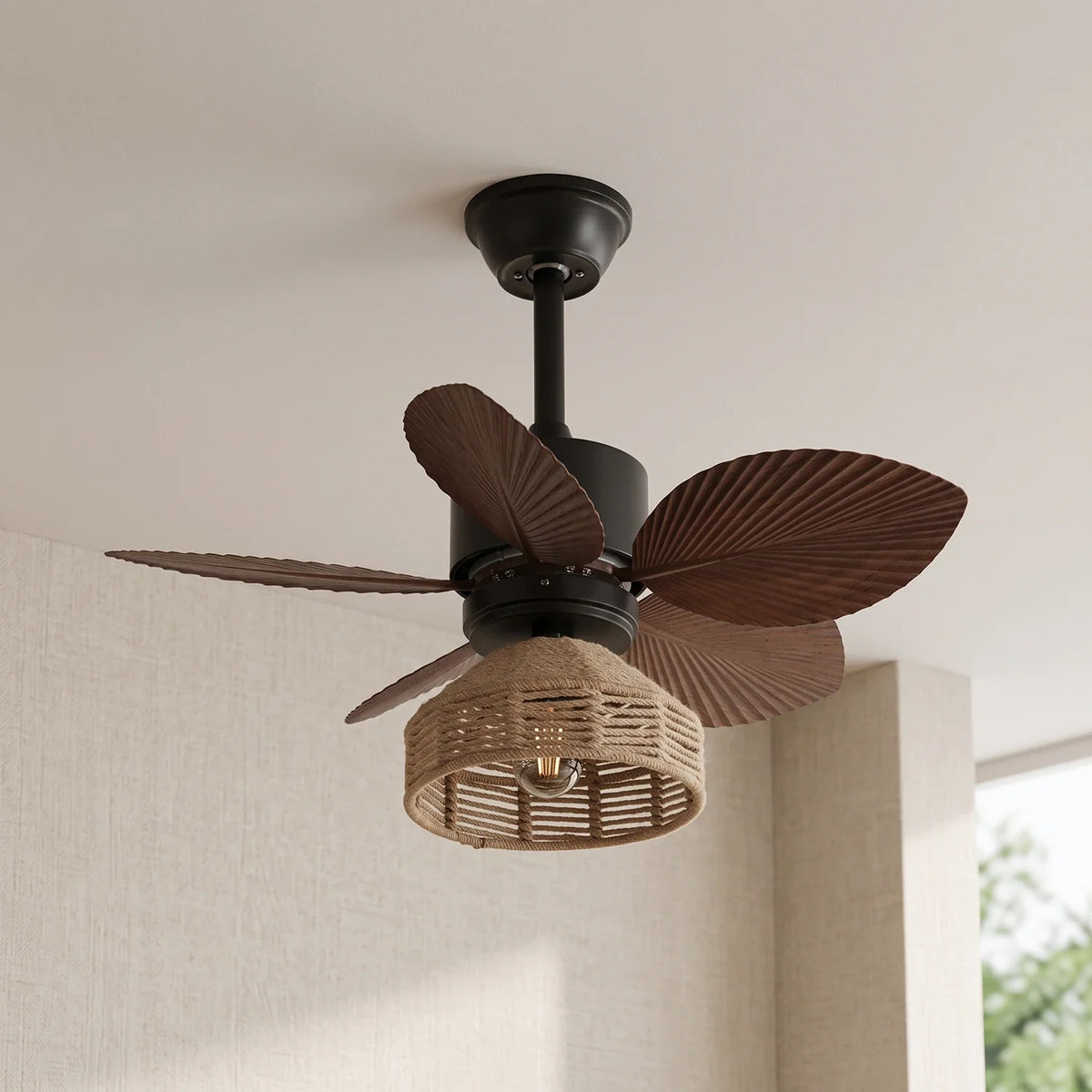 Tropical Palm Leaf Hemp Rope Copper Ceiling Fan Light – Copper detail 15