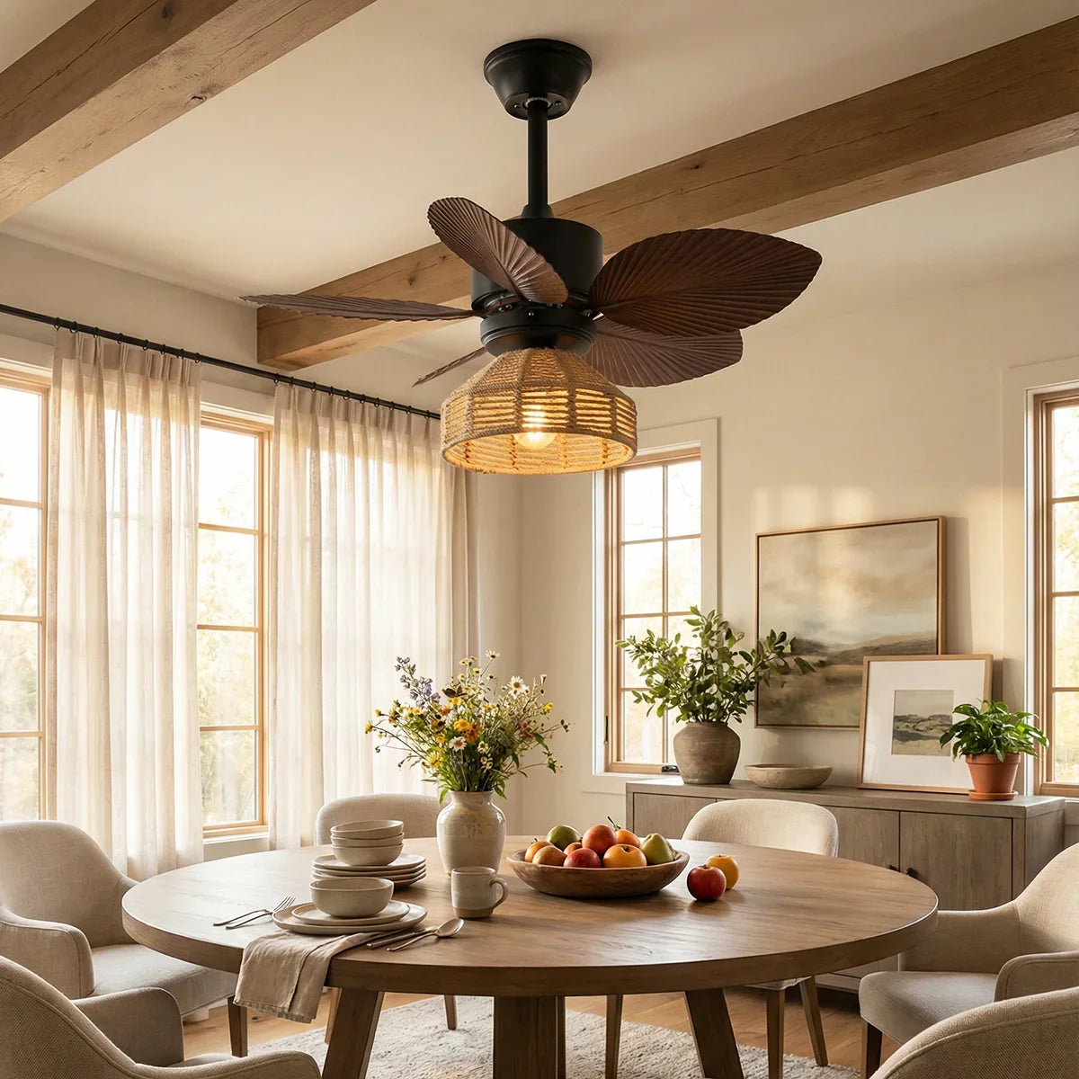 Tropical Palm Leaf Hemp Rope Copper Ceiling Fan Light – Copper detail 2