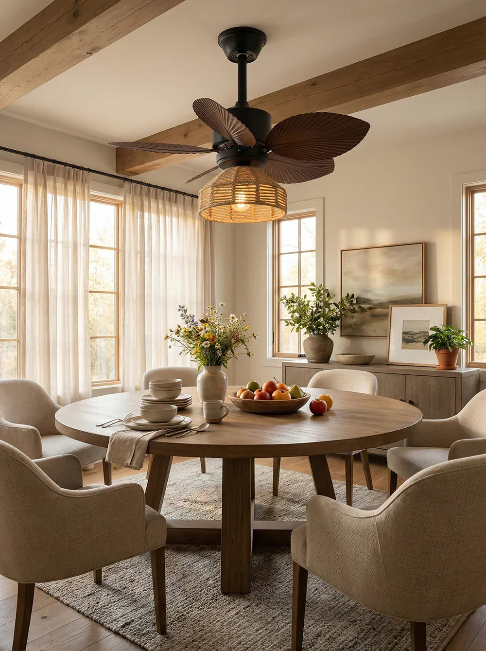 Tropical Palm Leaf Hemp Rope Copper Ceiling Fan Light – Copper detail 13