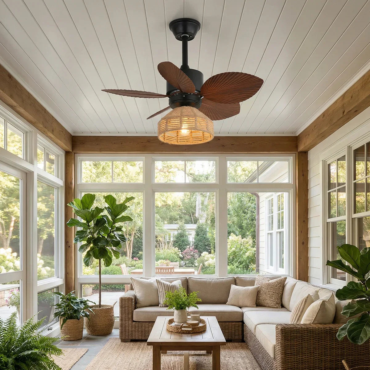 Tropical Palm Leaf Hemp Rope Copper Ceiling Fan Light – Copper detail 8