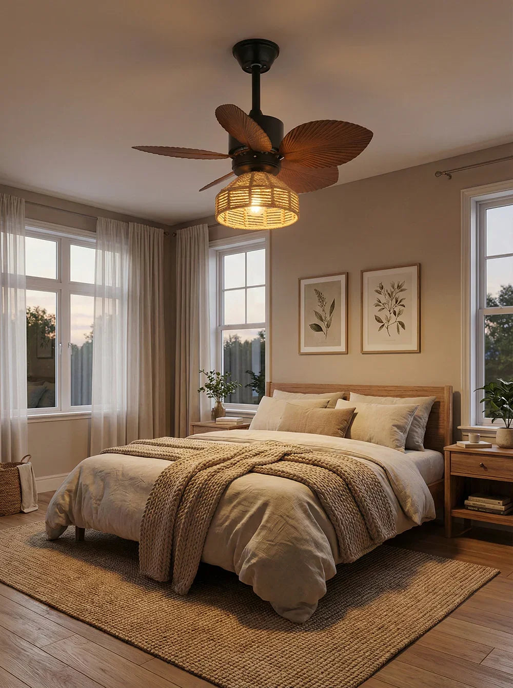 Tropical Palm Leaf Hemp Rope Copper Ceiling Fan Light – Copper detail 12