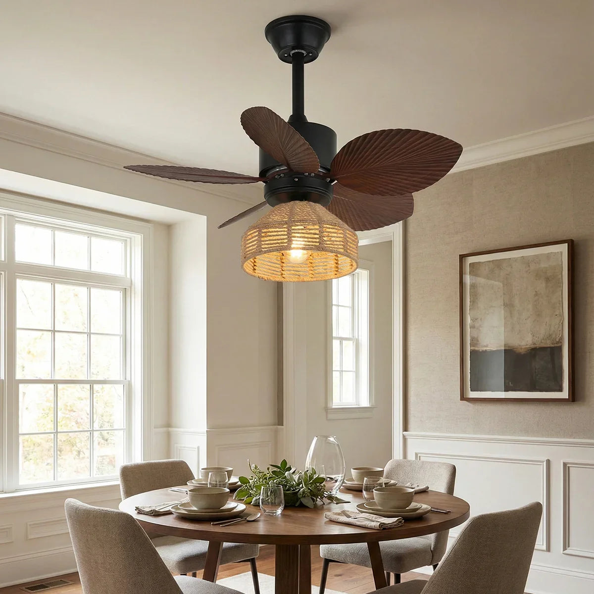 Tropical Palm Leaf Hemp Rope Copper Ceiling Fan Light – Copper detail 6
